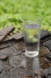 Photo of Glass of fresh water on wooden stump in green grass outdoors
