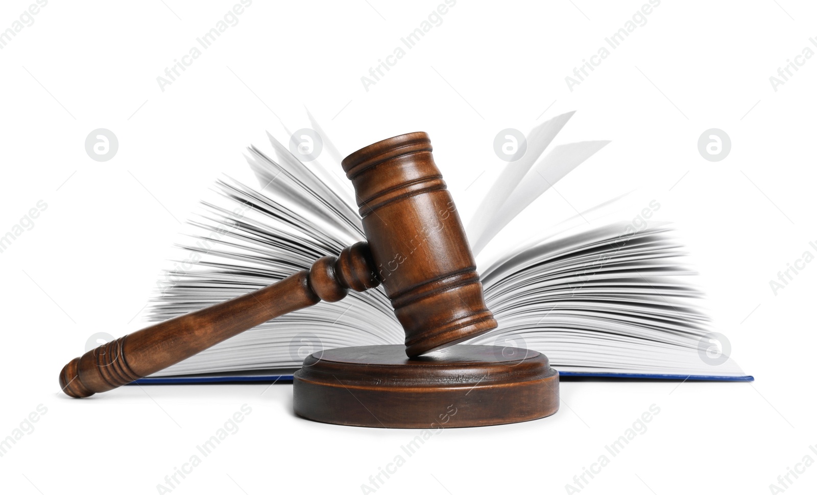 Photo of Wooden gavel and book on white background. Law concept