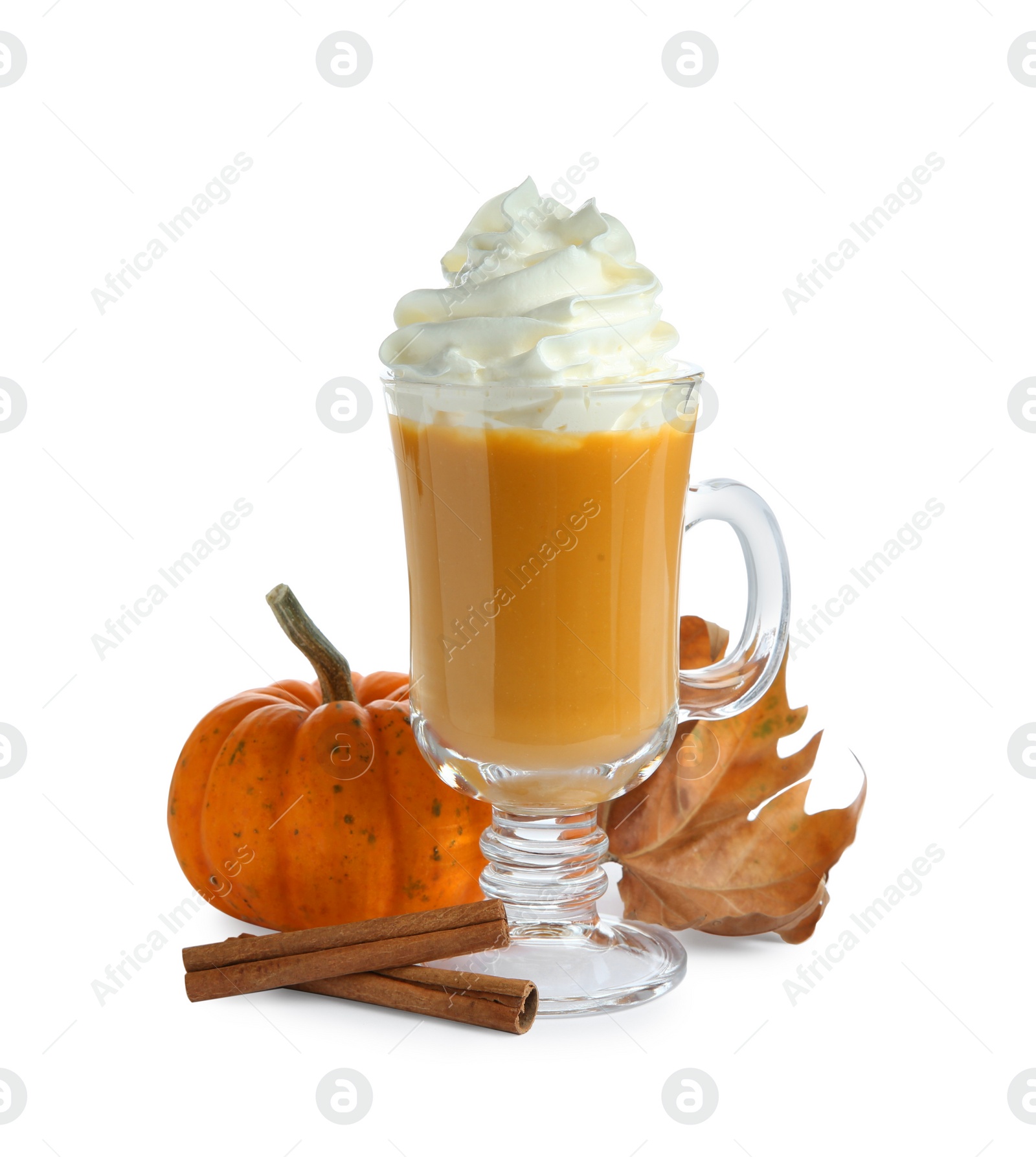 Photo of Cup of pumpkin spice latte with whipped cream, squash, cinnamon sticks and dry leaf isolated on white