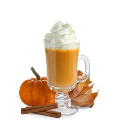 Photo of Cup of pumpkin spice latte with whipped cream, squash, cinnamon sticks and dry leaf isolated on white