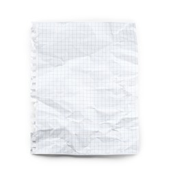 Photo of Crumpled checkered notebook sheet isolated on white, top view