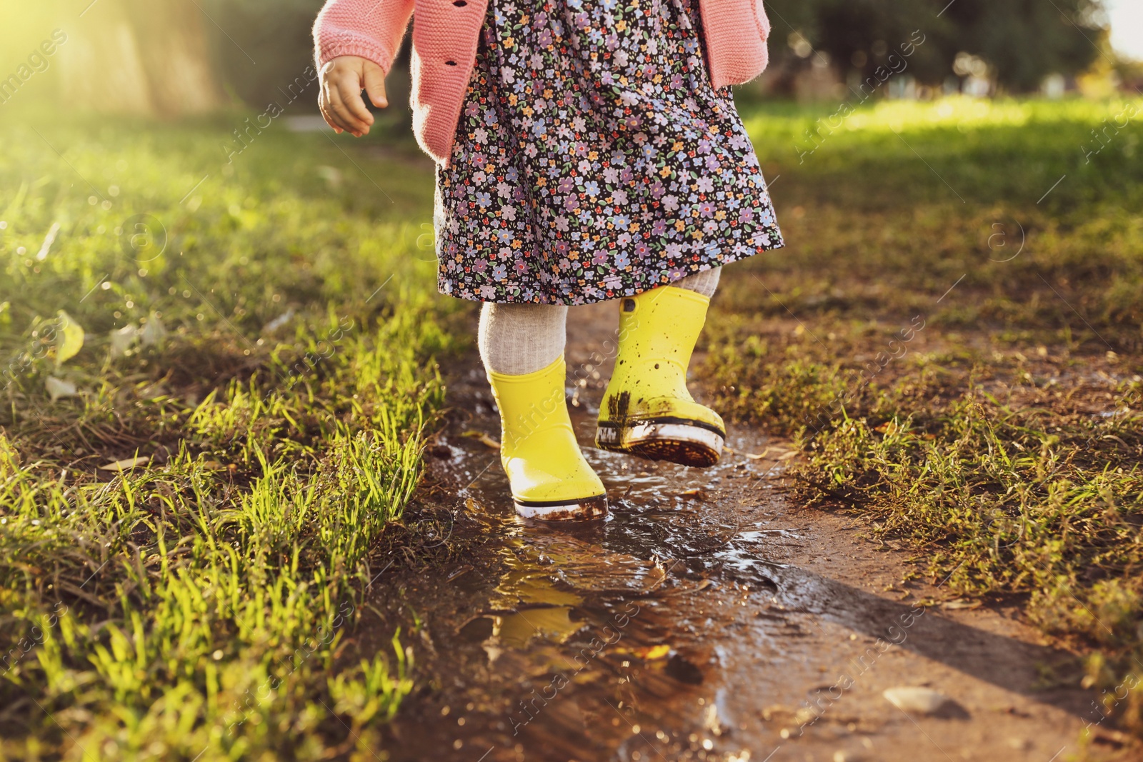 Photo of Little girl wearing rubber boots walking in puddle outdoors, closeup