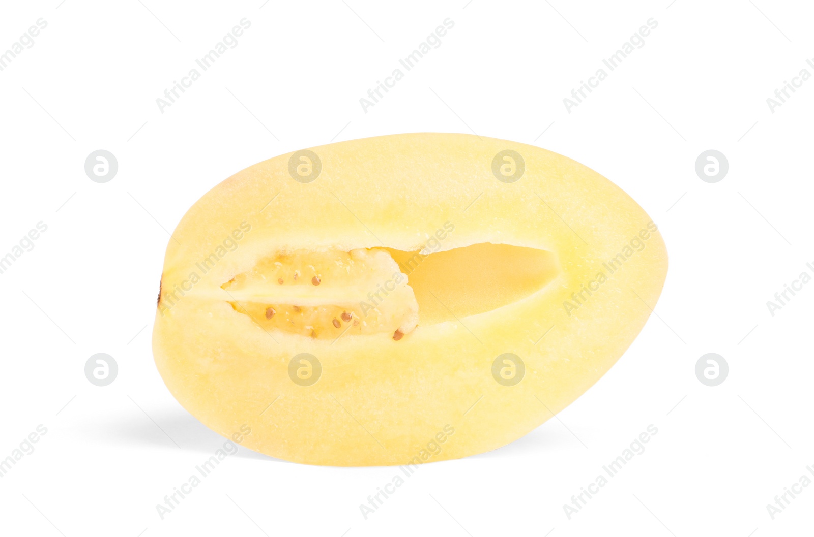 Photo of Half of ripe pepino melon isolated on white. Exotic fruit