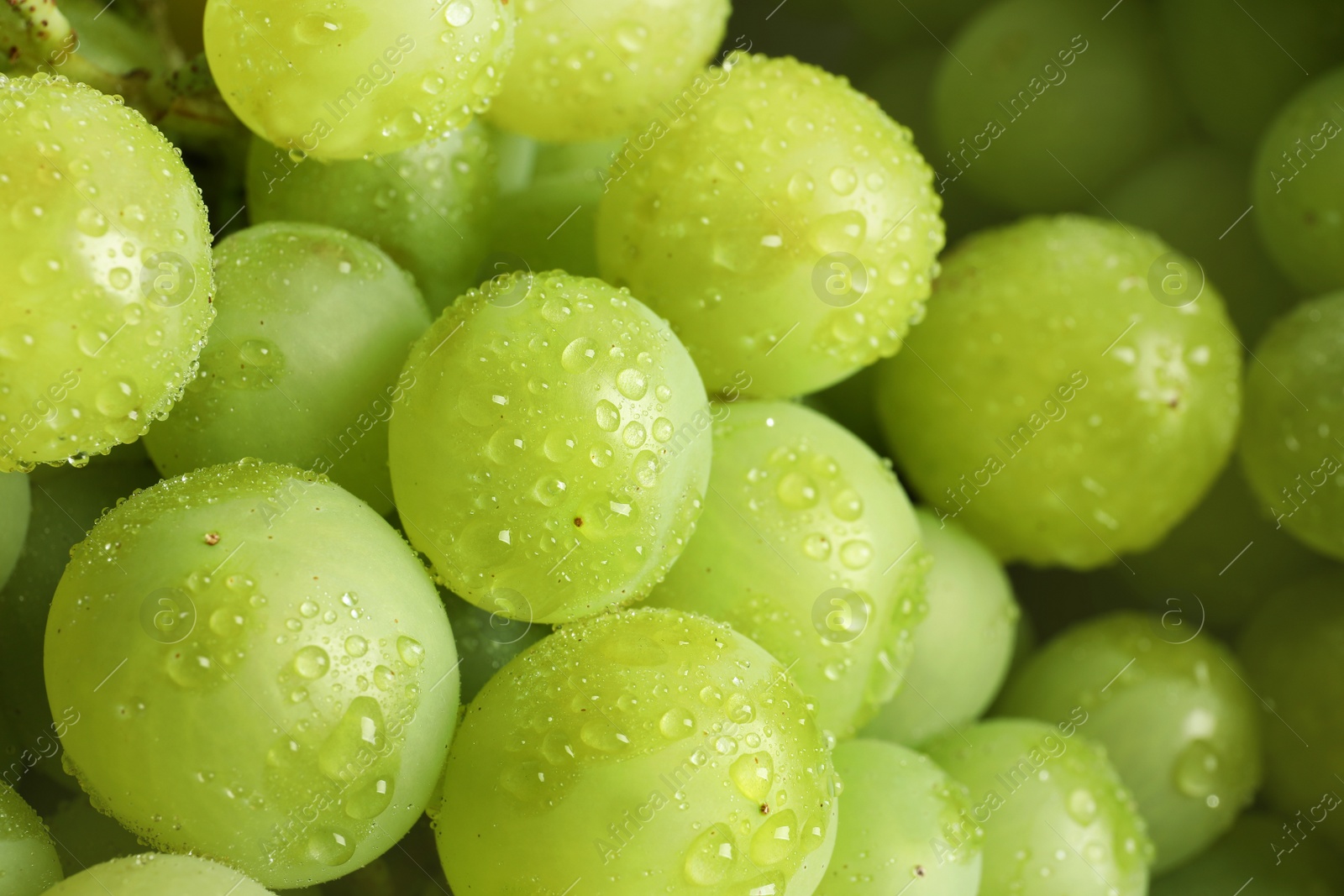 Photo of Bunch of green fresh ripe juicy grapes as background, closeup