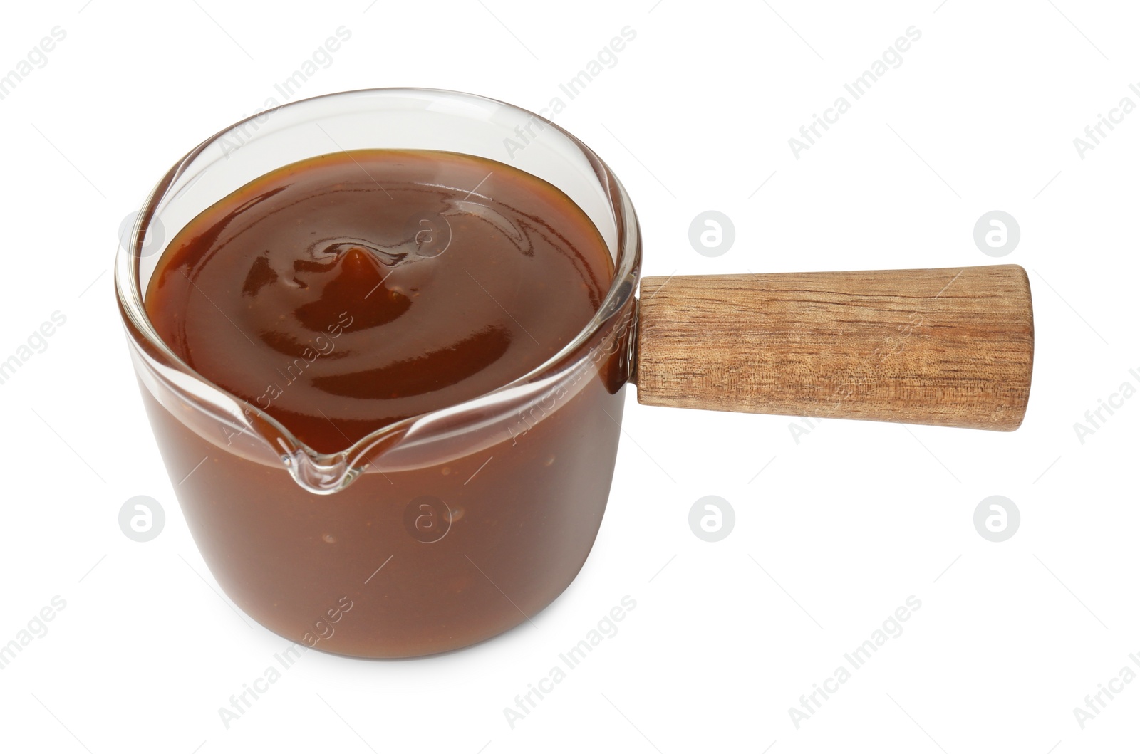 Photo of Tasty barbecue sauce in dish isolated on white