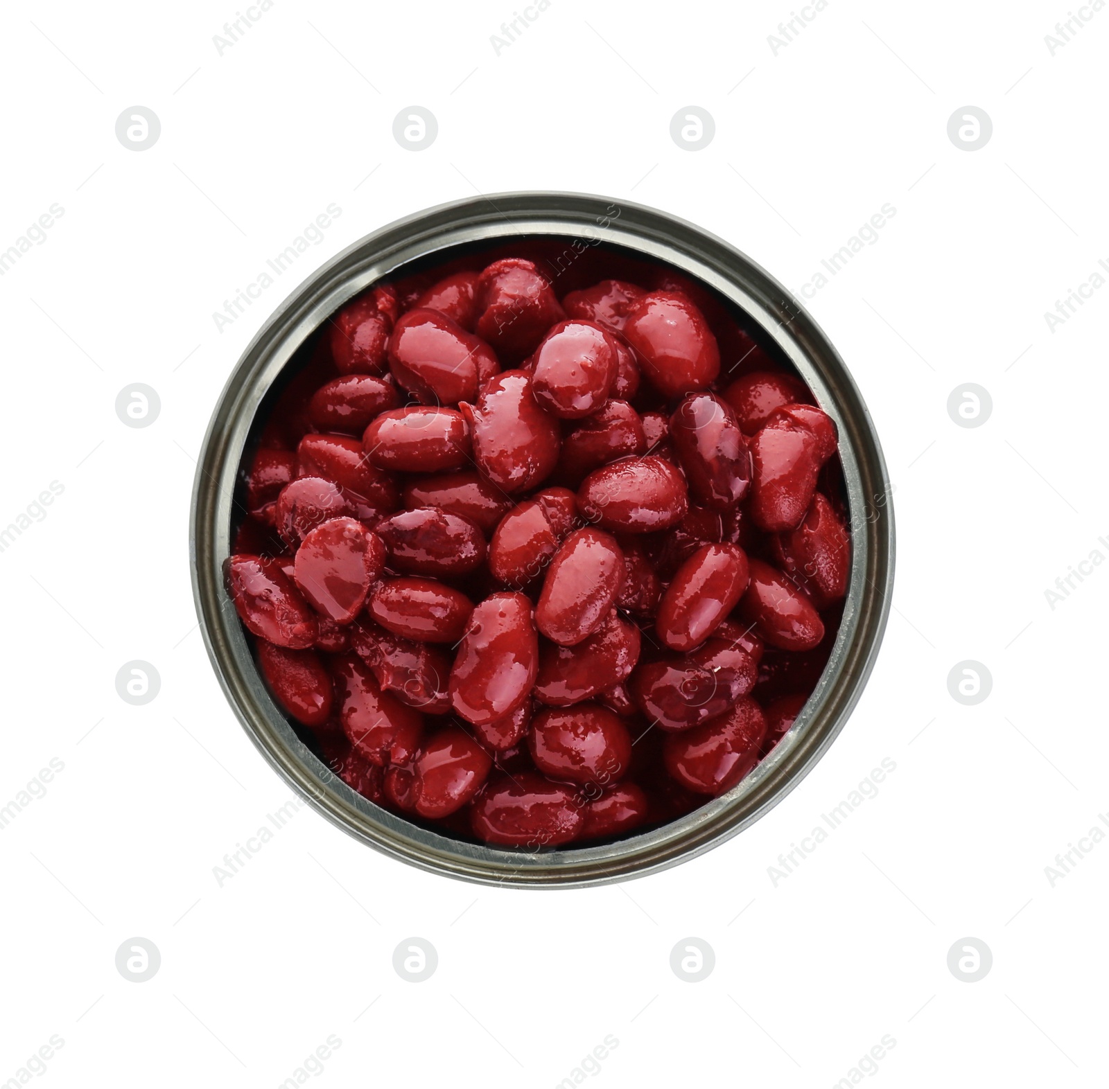Photo of Tin can of canned kidney beans on white background, top view