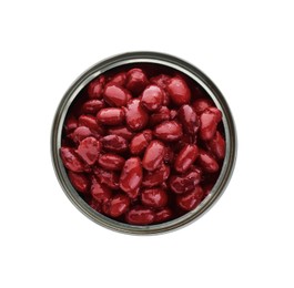 Photo of Tin can of canned kidney beans on white background, top view