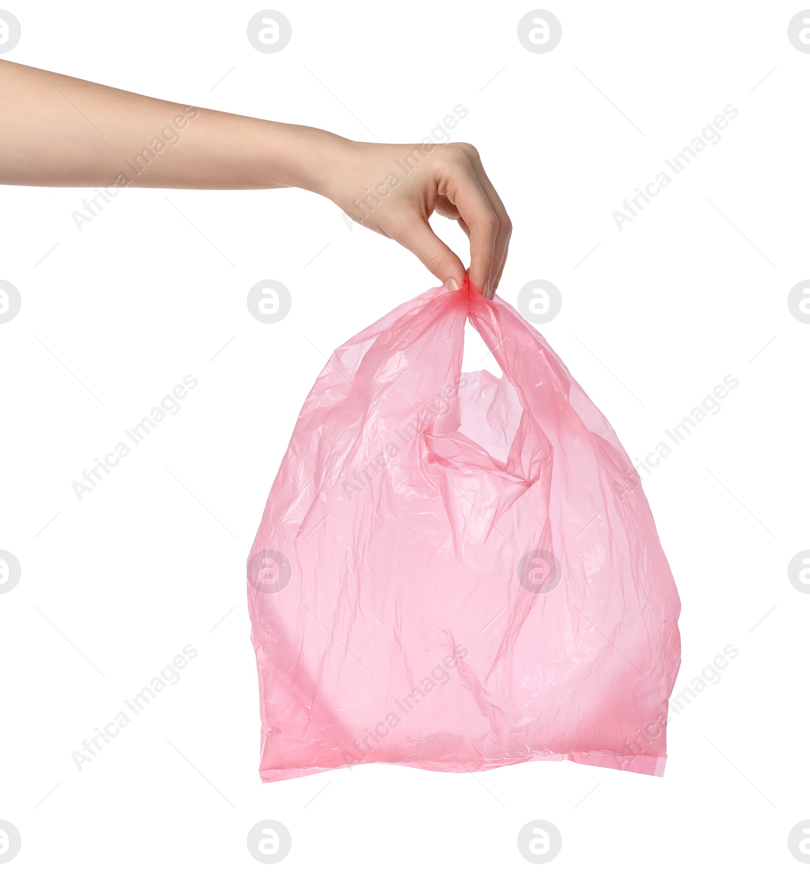 Photo of Woman holding pink plastic bag on white background, closeup