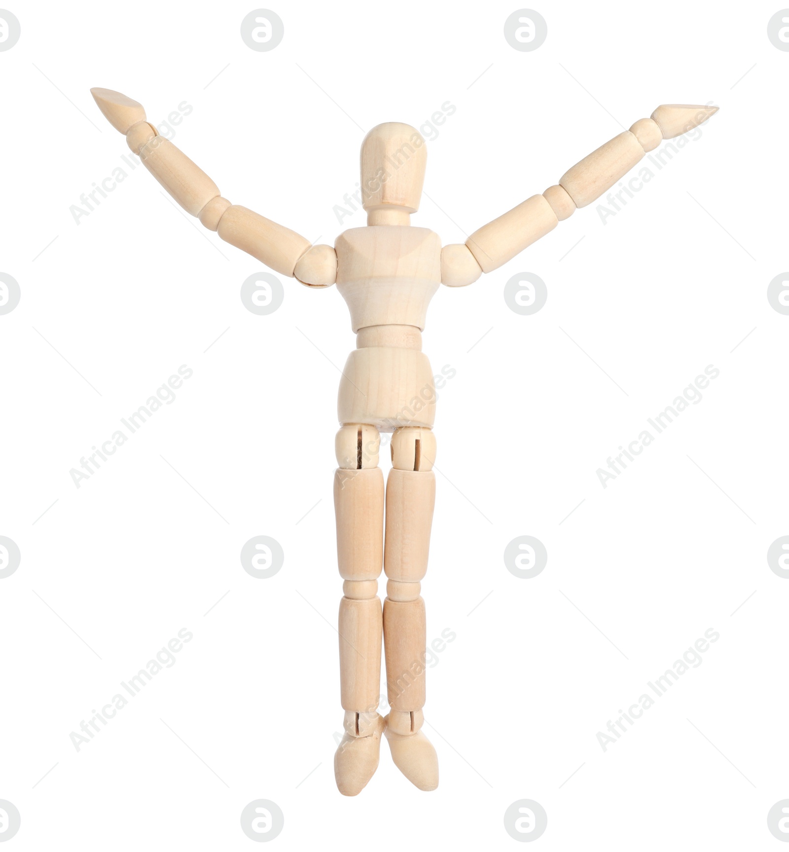 Photo of Wooden human model on white background. Mini mannequin