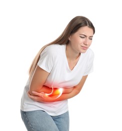 Woman suffering from abdominal pain on white background. Illustration of unhealthy stomach