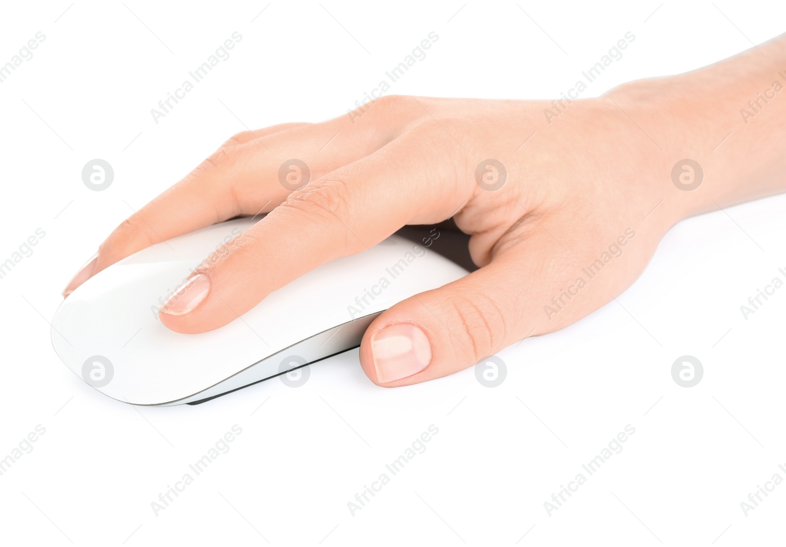 Photo of Woman using modern wireless optical mouse isolated on white, closeup