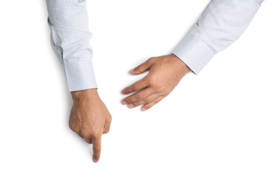 Man on white background, top view. Closeup of hands