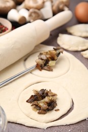 Process of making dumplings (varenyky) with mushrooms. Raw dough and ingredients on grey table, closeup