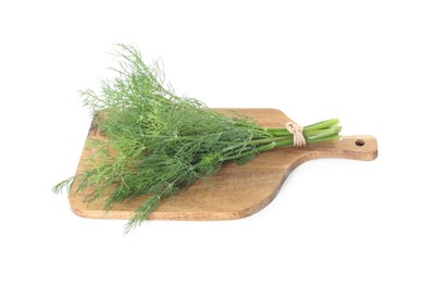 Photo of Wooden board with bunch of fresh dill isolated on white