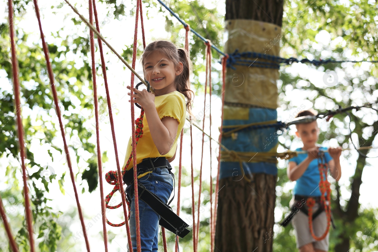 Photo of Little girl climbing in adventure park. Summer camp