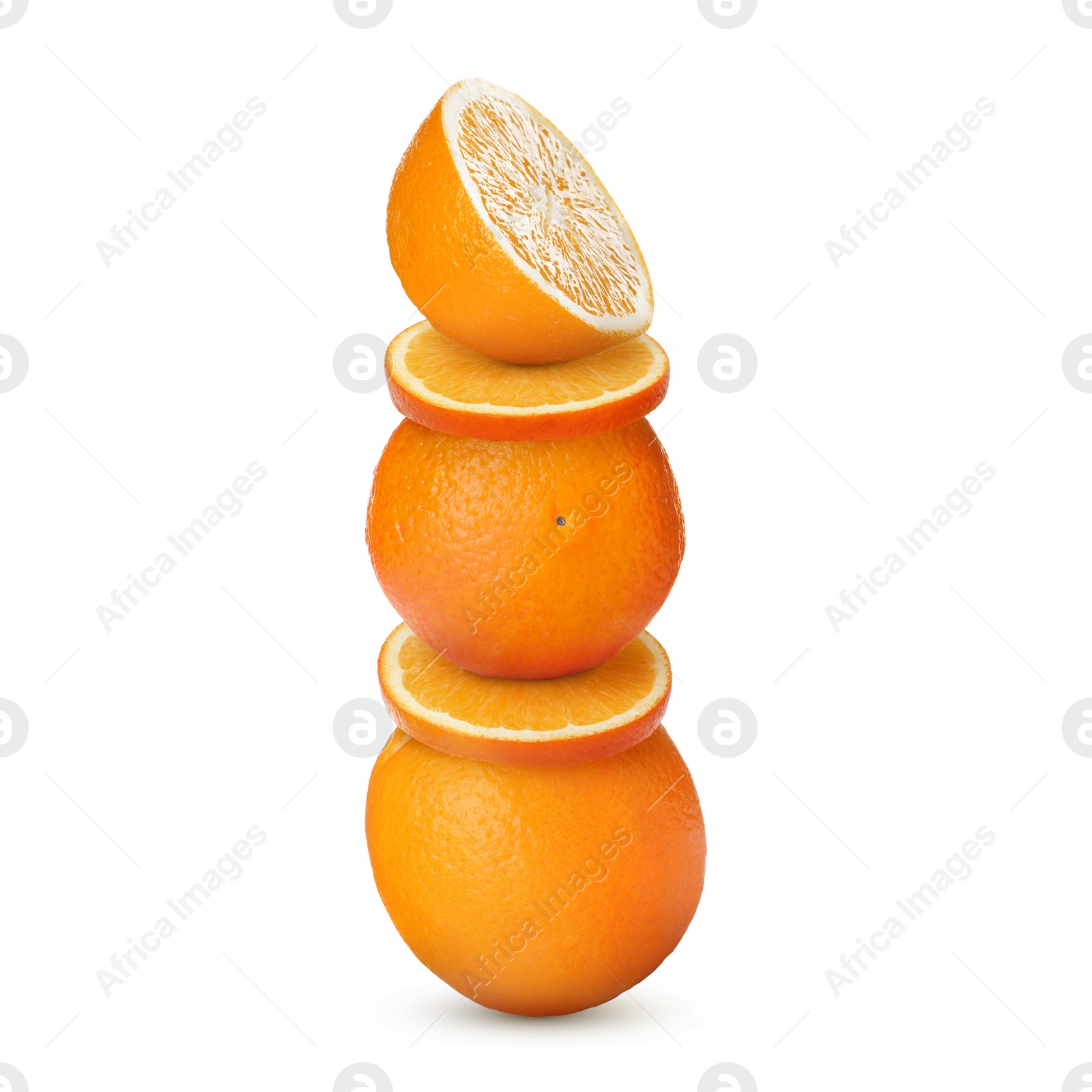 Image of Stacked cut and whole oranges on white background