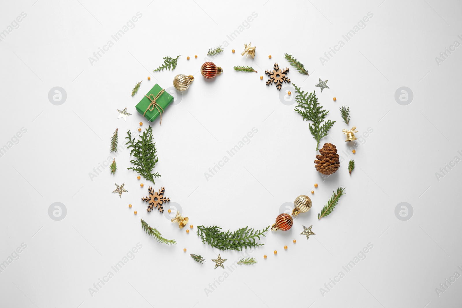 Photo of Flat lay composition with Christmas items and space for text on white background