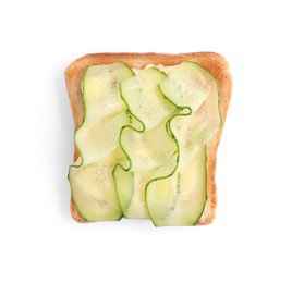 Delicious toast with cream cheese and cucumber isolated on white, top view