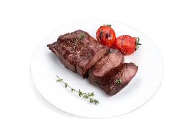 Photo of Plate with delicious beef meat, thyme and tomatoes isolated on white