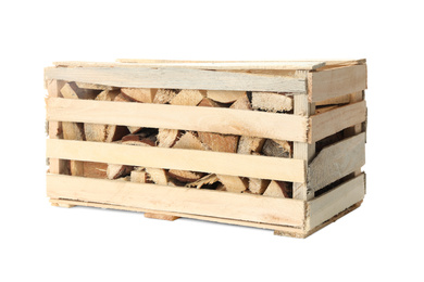 Photo of Cut firewood on white background. Heating in winter