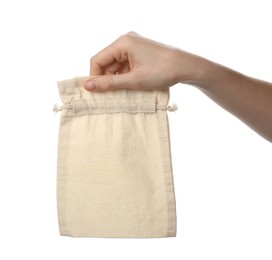 Photo of Woman holding eco friendly cotton bag on white background, closeup. Conscious consumption