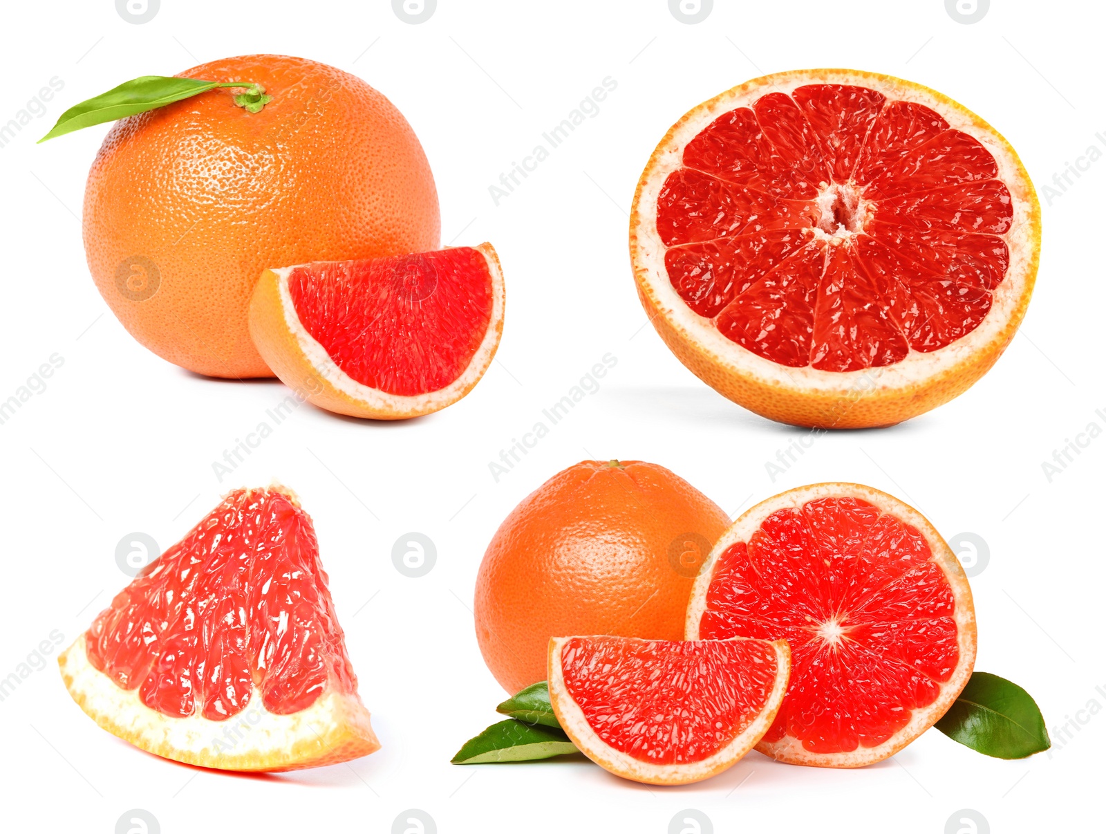 Image of Set with whole and cut ripe juicy grapefruits on white background