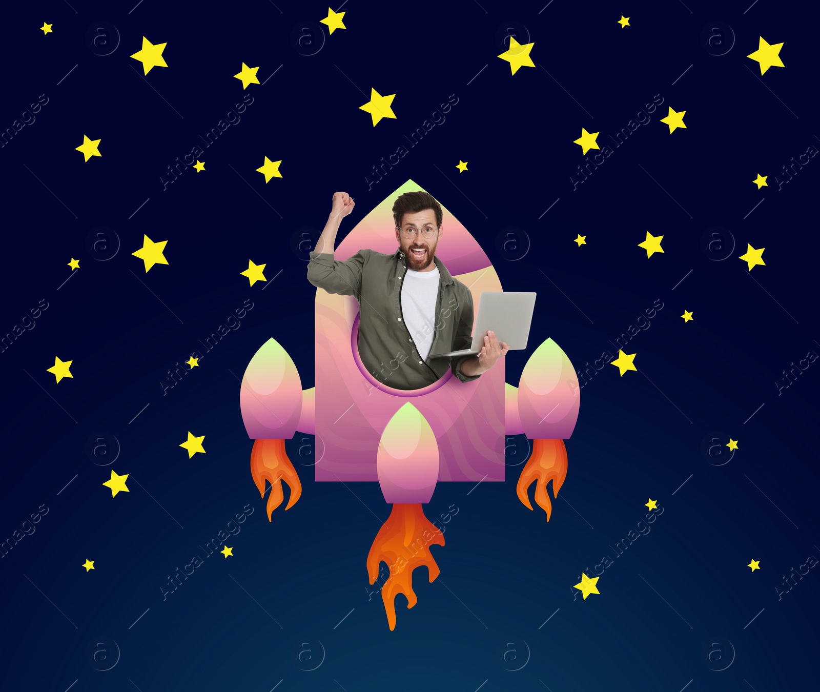 Image of Way to success. Happy man with laptop in rocket rising up into night sky. Illustration of spaceship and stars