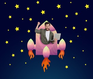 Way to success. Happy man with laptop in rocket rising up into night sky. Illustration of spaceship and stars