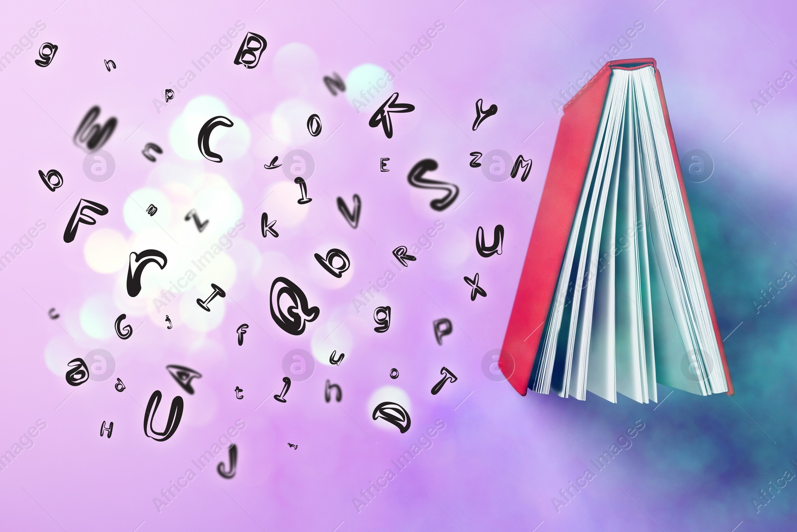 Image of Book and flying letters on lilac background, top view. Bokeh effect