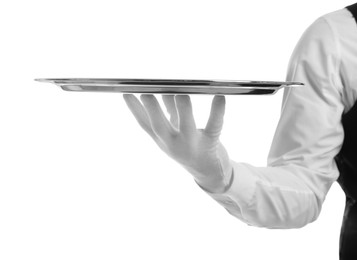 Photo of Elegant butler holding silver tray isolated on white, closeup