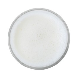 Photo of Glass of fresh milk isolated on white, top view