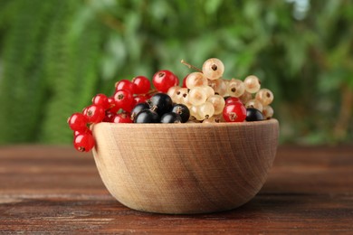 Different fresh ripe currants in bowl on wooden table outdoors, closeup