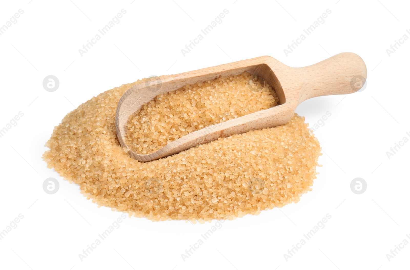 Photo of Pile of brown sugar and wooden scoop isolated on white