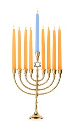 Photo of Menorah with burning candles isolated on white. Hanukkah symbol