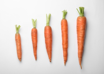 Flat lay composition with fresh carrots on color background