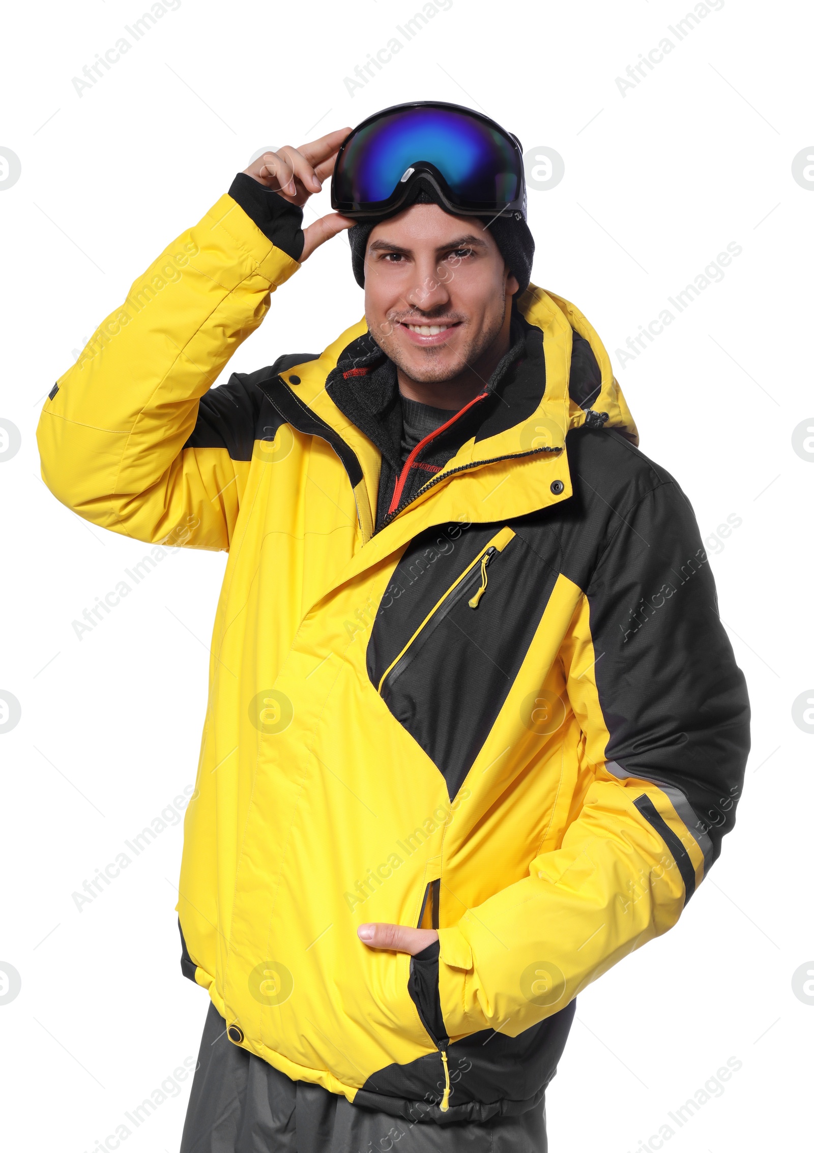 Photo of Man wearing stylish winter sport clothes on white background