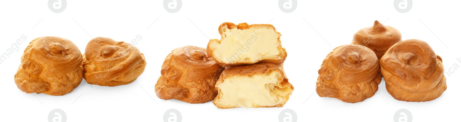 Image of Delicious profiteroles with cream filling on white background, collage design