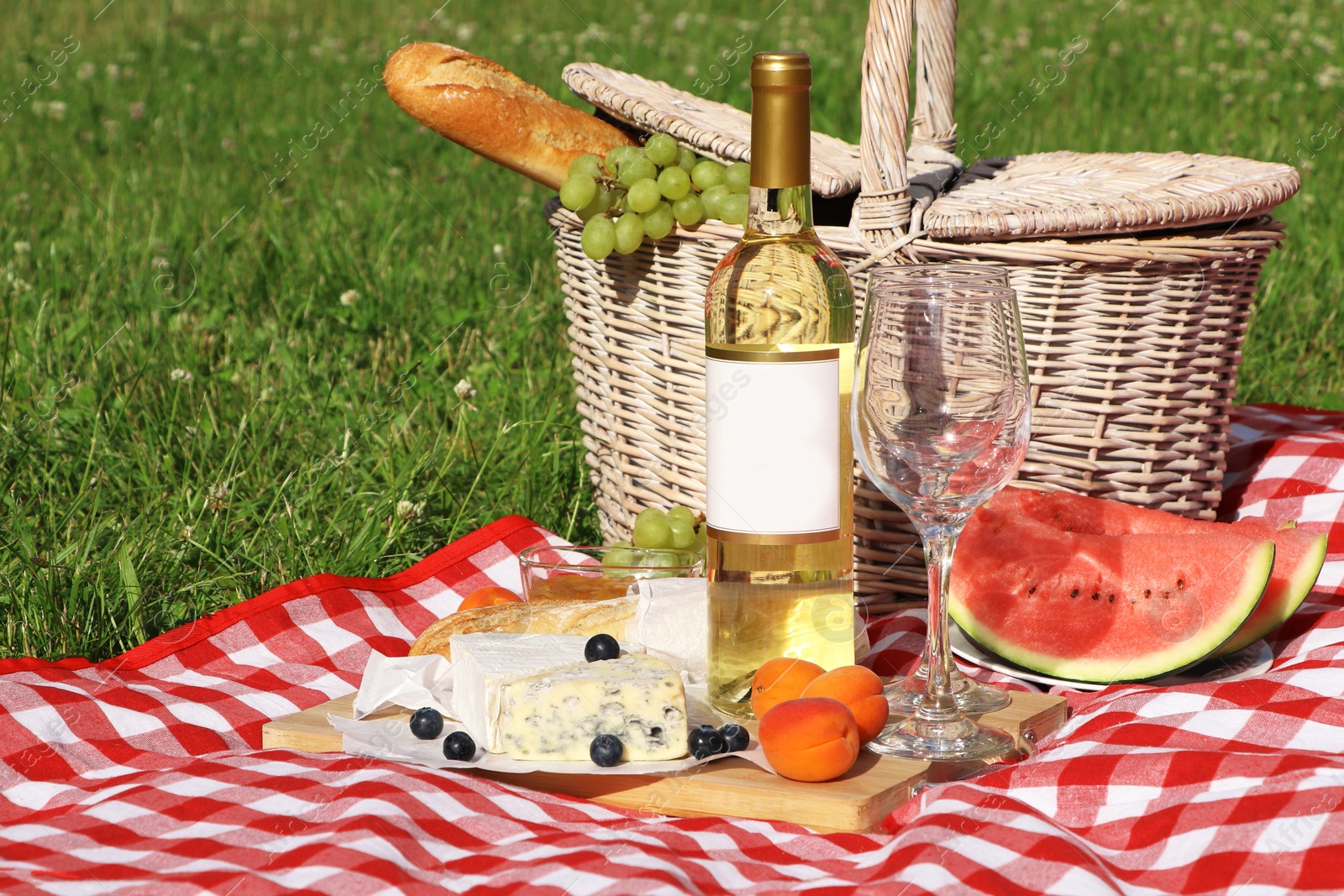 Photo of Picnic blanket with delicious food and wine outdoors on summer day