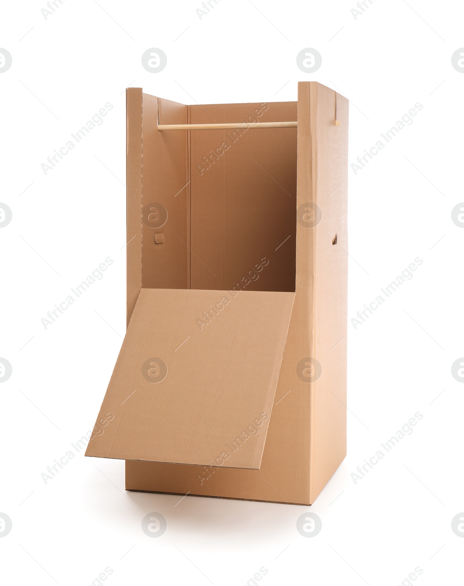 Photo of Empty cardboard wardrobe box on white background