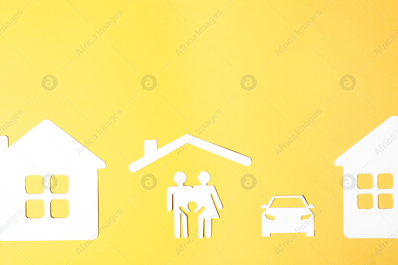 Photo of Flat lay composition with paper silhouette of family and space for text on color background. Life insurance concept