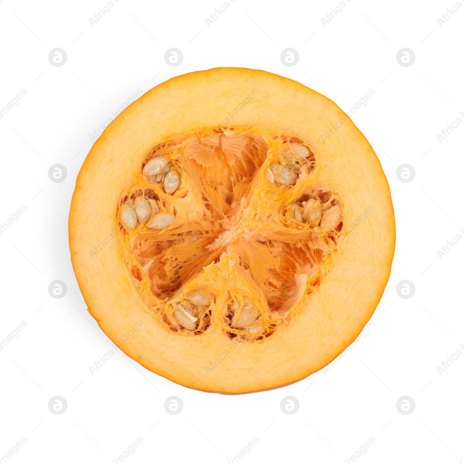 Photo of Half of fresh ripe pumpkin isolated on white, top view