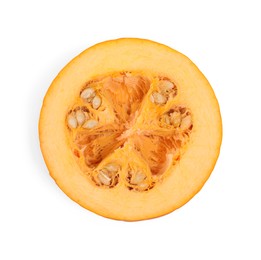 Photo of Half of fresh ripe pumpkin isolated on white, top view