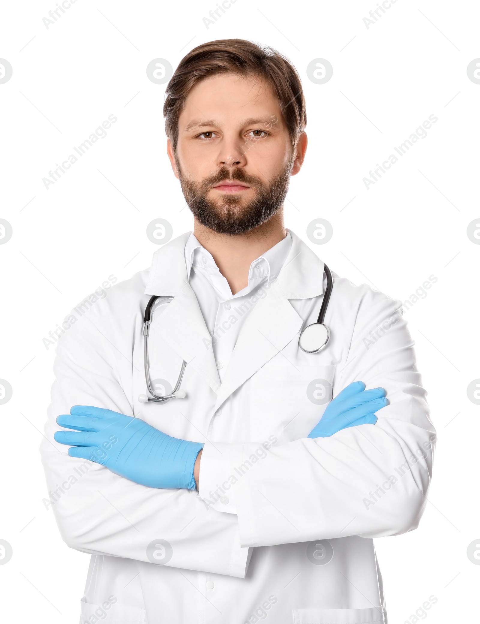 Photo of Doctor or medical assistant (male nurse) in uniform with stethoscope on white background