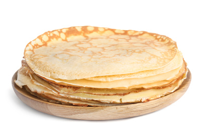 Photo of Stack of fresh thin pancakes isolated on white