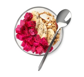 Bowl of granola with pitahaya, banana and spoon on white background, top view