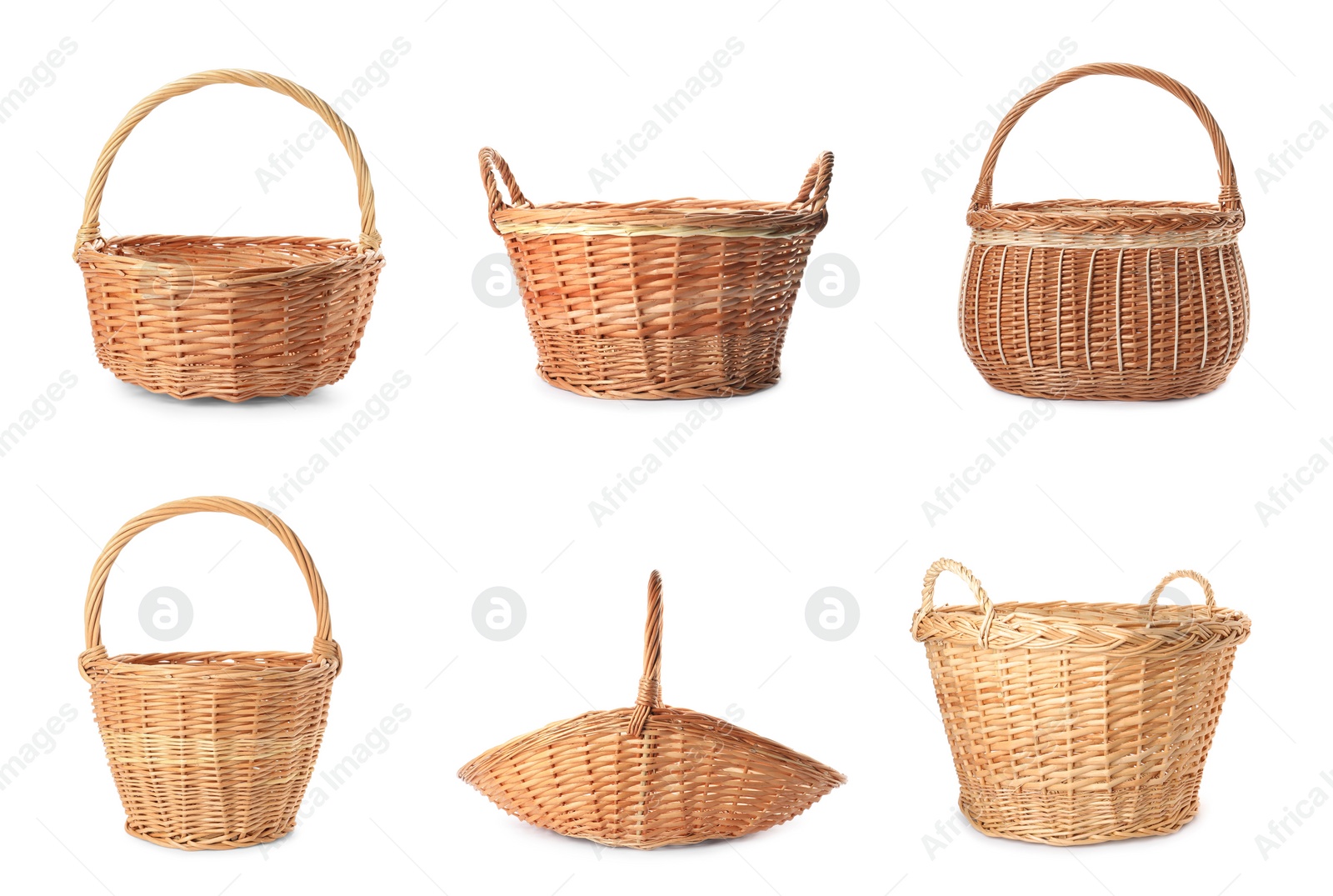 Image of Set with different wicker baskets on white background