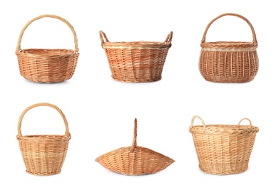 Image of Set with different wicker baskets on white background