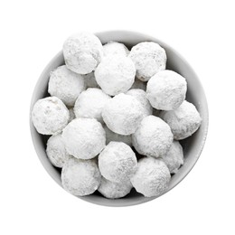 Photo of Tasty Christmas snowball cookies in bowl isolated on white, top view