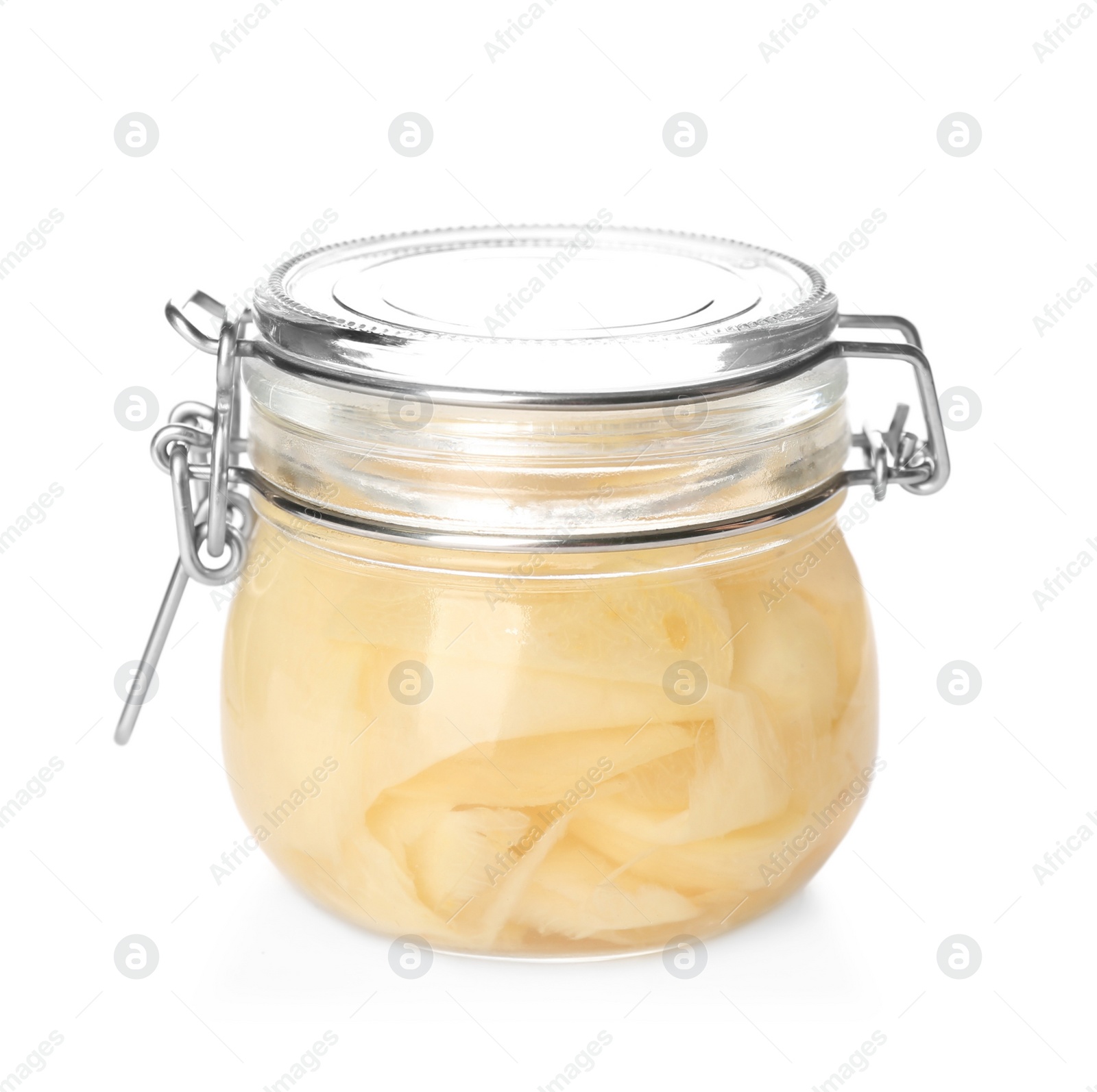 Photo of Pickled ginger in jar isolated on white