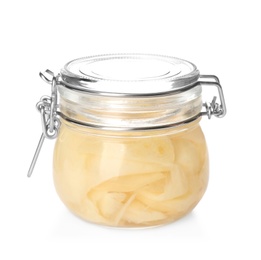 Photo of Pickled ginger in jar isolated on white